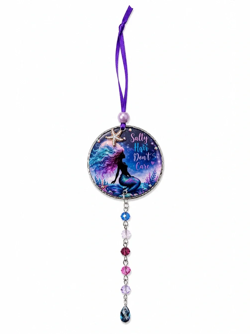 Decoupage Mermaid 'Salty Hair Don't Care' Purple & Blue Crystal Suncatcher